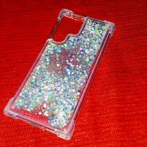 Iridescent silver heart glitter phone cover for Samsung S22 Ultra